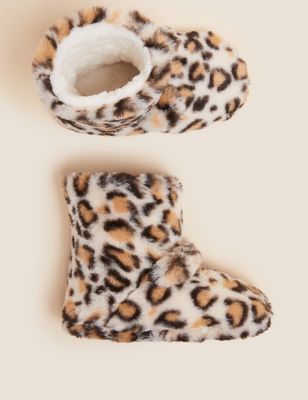 M&S Girls Kids' Faux Fur Leopard Slipper Boots (5 Small