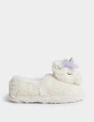 M&S Girls Unicorn Slippers (4 Small - 6 Large) - 6 S - Cream, Cream