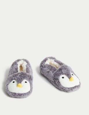 Kids' Faux Fur Penguin Slippers (4 Small - 6 Large)