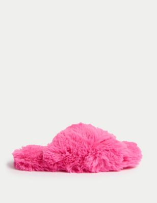 M&S Girls Faux Fur Slippers (13 Small - 6 Large) - 1 L - Pink, Pink