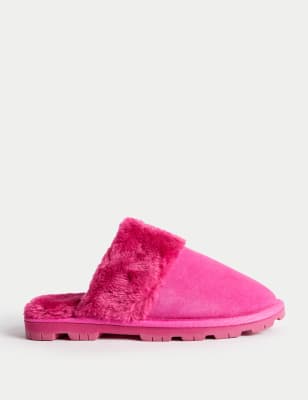 Pink Fluffy Women's Suede Mule Slippers