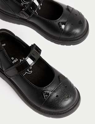 M&S Girl's Kid's Leather Mary Jane Cat School Shoes (8 Small - 2 Large) - 1 LWDE - Black, Black