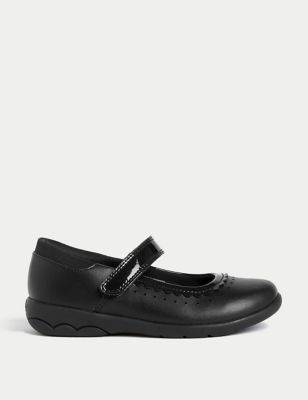 M&S Girls Leather Riptape School Shoes (8 Small - 2 Large) - 1.5 LSTD - Black, Black
