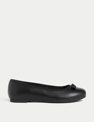 M&S Girl's Kid's Leather Ballerina Bow School Shoes (13 Smal l- 7 Large) - 5 LSTD - Black, Black