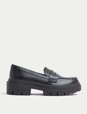 M&S Girls Leather Chunky School Loafer (13 Small - 7 Large) - 3 LSTD - Black, Black