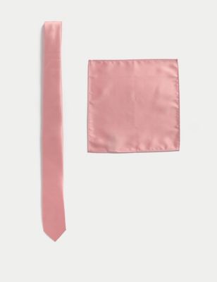 M&S Boy's Kid's Skinny Tie & Pocket Square Set (SM-ML) - M-L - Dusty Pink, Dusty Pink
