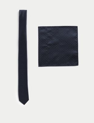 M&S Boys Spotted Tie & Pocket Square - S-M - Navy, Navy