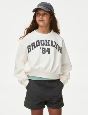 M&S Girl's Cotton Rich Brooklyn Slogan Sweatshirt (6-16 Yrs) - 14-15 - Ecru Mix, Ecru Mix