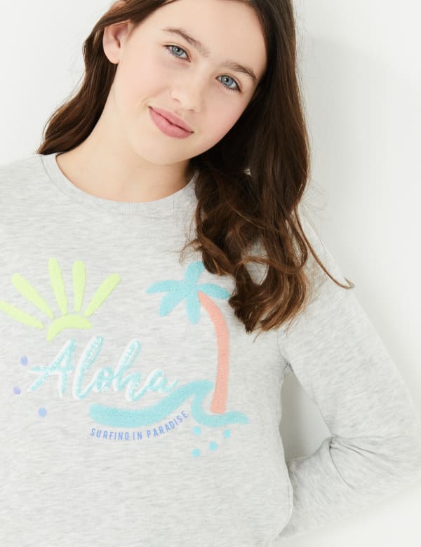 Cotton Aloha Slogan Sequin Sweatshirt (6-16 Yrs)