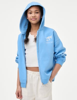 M&S Girls Cotton Rich Zip Hoodie (6-16 Yrs) - 7-8 Y - Blue, Blue