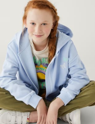 

M&S Collection Sudadera con capucha de algodón con diseño de mariposas con cremallera (6-16 años) - Blue, Blue