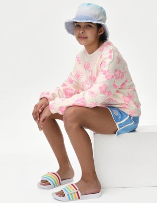 M&S Girl's Cotton Rich Printed Sweatshirt (6-16 Yrs) - 7-8 Y - Pink Mix, Pink Mix,Black Mix
