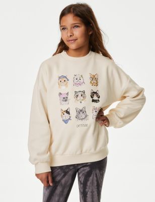M&S Girls Cotton Rich Cat Sweatshirt (6-16 Yrs) - 7-8 Y - Ivory, Ivory