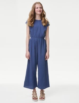 M&S Girls Cotton Rich Striped Jumpsuit (6-16 Yrs) - 6-7 Y - Blue, Blue,Coral Mix