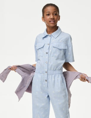 M&S Girl's Denim Floral Boiler Suit (6-16 Yrs) - 7-8 Y - Blue Mix, Blue Mix