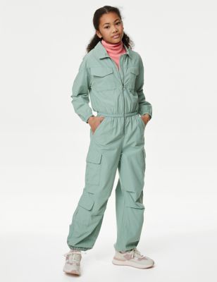 M&S Girl's Pure Cotton Parachute Boiler Suit (6-16 Years) - 7-8 Y - Green, Green