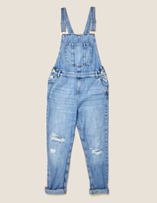 Ripped Detail Denim Dungaree Shorts Blue