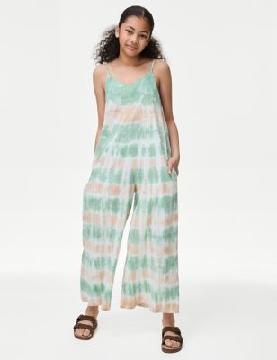 M&S Girl's Pure Cotton Tie Dye Jumpsuit (6-16 Yrs) - 6-7 Y - Green Mix, Green Mix