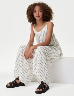 M&S Girls Pure Cotton Striped Wide Leg Jumpsuit (6-16 Yrs) - 7-8 Y - Ivory Mix, Ivory Mix