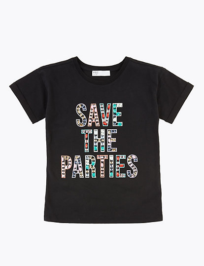 Cotton Save the Parties Slogan T-Shirt (3-16 Years)