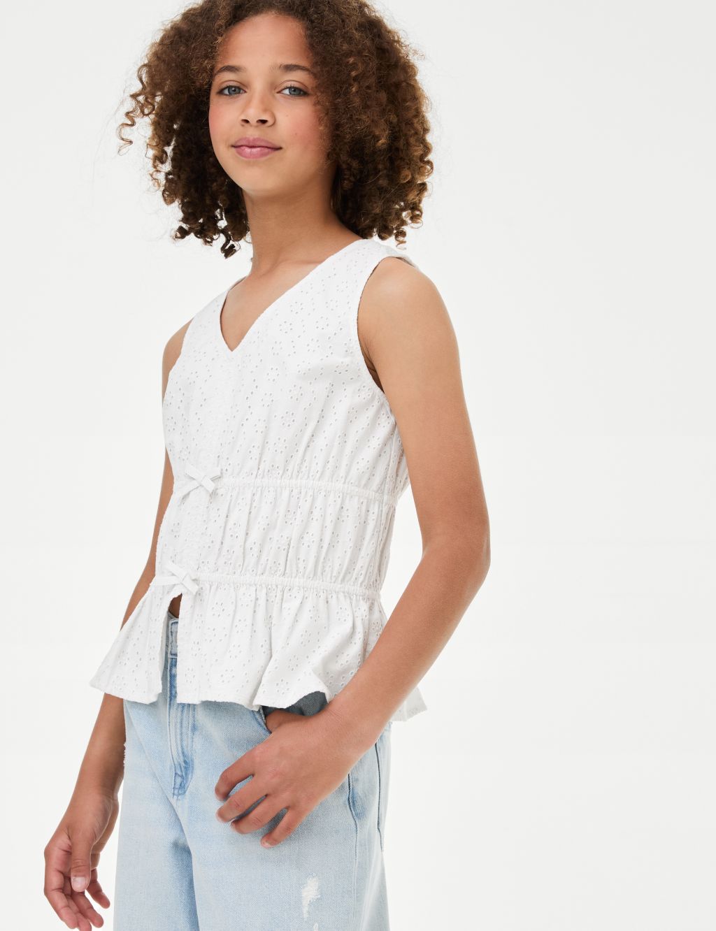 Pure Cotton Broderie Tie Front Top (6-16 Yrs)