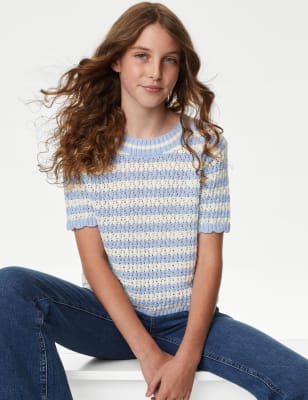 

Girls M&S Collection Cotton Rich Striped Knitted Jumper (6-16 Yrs) - Blue Mix, Blue Mix