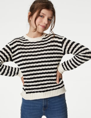 

M&S Collection Mini Me - gestreifter Strickpullover mit hohem Baumwollanteil (6-16 J.) - Black Mix, Black Mix