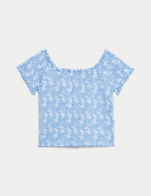 M&S Girls Ditsy Floral Shirred Top (6-16 Yrs) - 6-7 Y - Blue Mix, Blue Mix