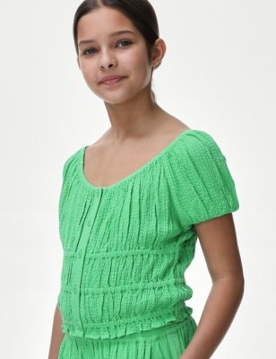M&S Girls Crinkle Top (6-16 Yrs) - 7-8 Y - Green, Green,Yellow