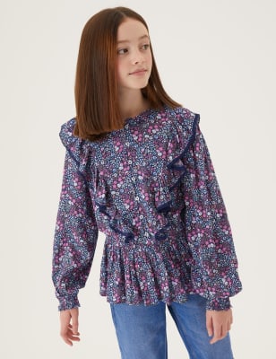 

Girls M&S Collection Floral Frill Blouse (6-16 Yrs) - Navy Mix, Navy Mix