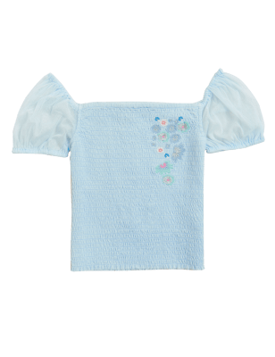 

Girls M&S Collection Shirred Flower Embroidered Top (6-16 Yrs) - Blue, Blue