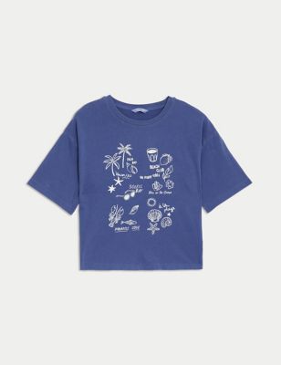 M&S Girl's Pure Cotton Beach Club Print T-Shirt (6-16 Yrs) - 7-8 Y - Blue, Blue