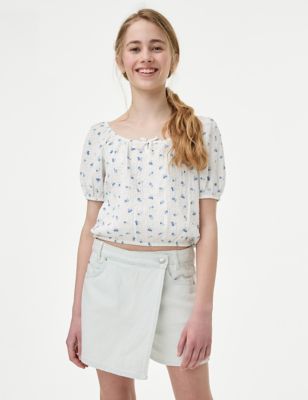 M&S Girl's Cotton Rich Patterned Top (6-16 Yrs) - 6-7 Y - Ivory Mix, Ivory Mix