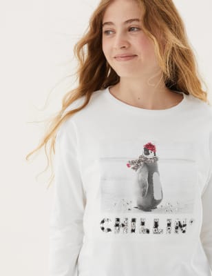 

M&S Collection Verziertes Oberteil aus reiner Baumwolle mit Pinguinmuster (6-16 Jahre) - White Mix, White Mix