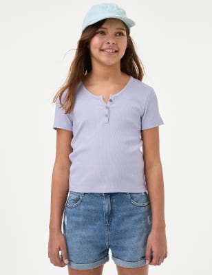 Cotton Rich Ribbed Button T-Shirt (6-16 Yrs)