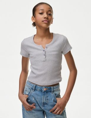 M&S Girls Cotton Rich Ribbed Button T-Shirt (6-16 Yrs) - 6-7 Y - Grey, Grey,Ivory,Blue,Lilac