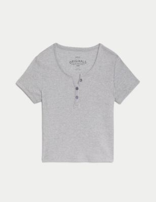 Cotton Rich Ribbed Button T-Shirt (6-16 Yrs)