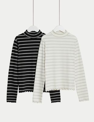 2pk Cotton Rich Sparkly Striped Tops (6-16 Yrs)