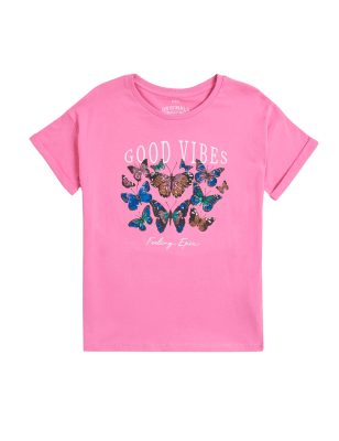 

M&S Collection Camiseta 100% algodón con lentejuelas de mariposas (6-16 años) - Pink, Pink