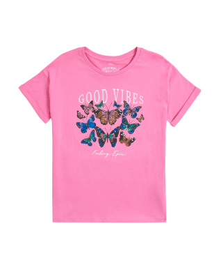 M&S Girls Pure Cotton Butterfly Sequin T-Shirt (6-16 Yrs)