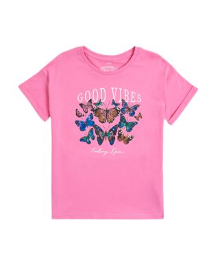M&S Girls Pure Cotton Butterfly Sequin T-Shirt (6-16 Yrs)