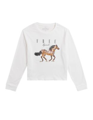 M&S Girls Pure Cotton Sequin Horse Top (6-16 Yrs)