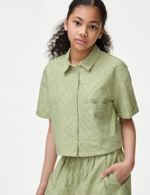 M&S Girl's Pure Cotton Floral Broderie Shirt (6-16 Yrs) - 8-9 Y - Green, Green