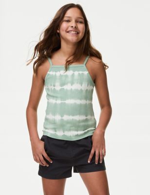 M&S Girl's Cotton Rich Tie Dye Ribbed Vest (6-16 Yrs) - 7-8 Y - Green, Green,Charcoal Mix