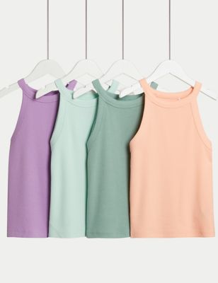 M&S Girl's 4pk Cotton Rich Ribbed Vest Tops (6-16 Yrs) - 6-7 Y - Multi, Multi