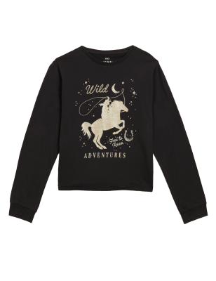 

M&S Collection Oberteil aus reiner Baumwolle mit Pailletten und Pferdemuster (6-16 J.) - Charcoal, Charcoal