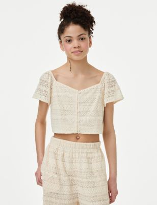 

Girls M&S Collection Cotton Rich Lace Top (6-16 Yrs) - Stone, Stone