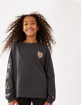 Girls M&S Collection Pure Cotton Embroidered Badge Top (6-16 Yrs) - Charcoal