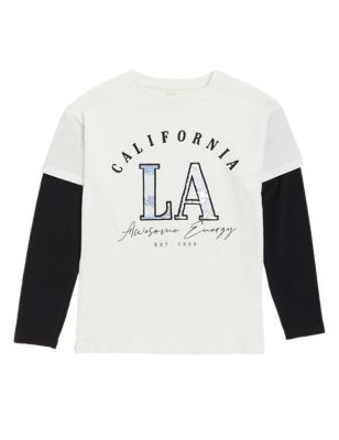Girls M&S Collection Pure Cotton California Slogan Top (6 - 16 Yrs) - White Mix
