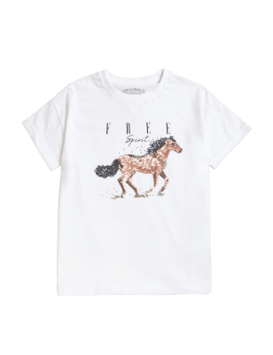 

M&S Collection Camiseta 100% algodón con caballo de lentejuelas (6-16 años) - White, White